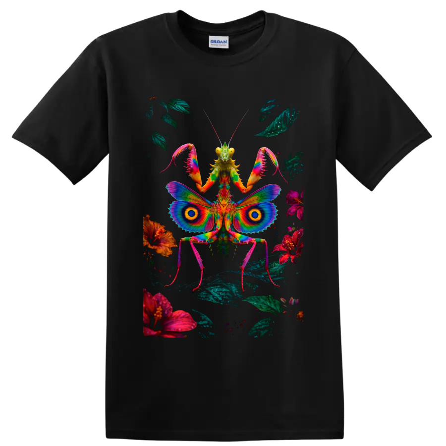 Psychedelic praying mantis with rainbow butterfly wings, flowers, and foliage on a Black T Shirt