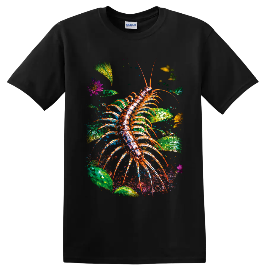 Detailed colorful centipede among dew-covered leaves, flowers, and garden soil on a Black T Shirt