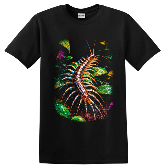 Detailed colorful centipede among dew-covered leaves, flowers, and garden soil on a Black T Shirt
