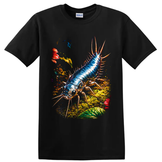 Blue spiny arthropod insect in vivid forest-floor graphic art on a Black T Shirt