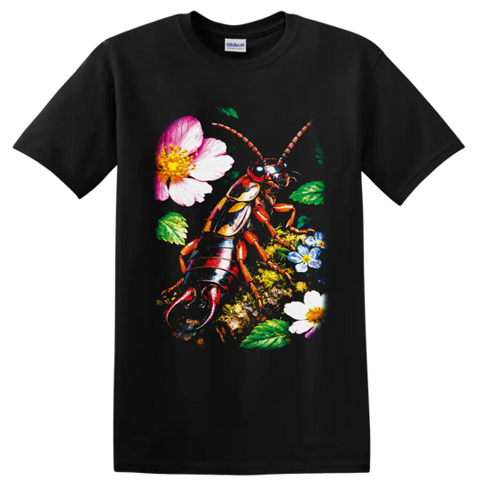Colorful stag beetle surrounded by moss, green leaves, and pink, white, and blue flowers on a Black T Shirt