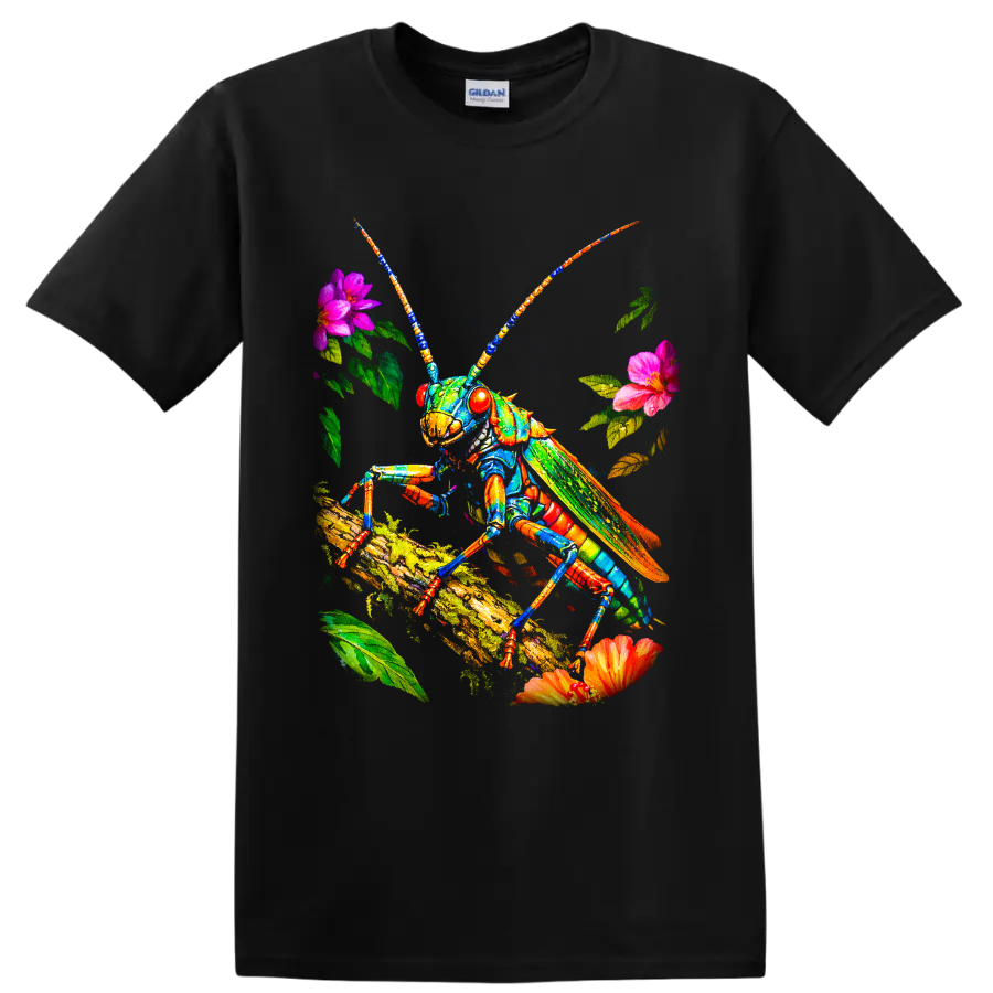 Colorful grasshopper on a mossy branch with flowers and leaves in vivid botanical art on a Black T Shirt