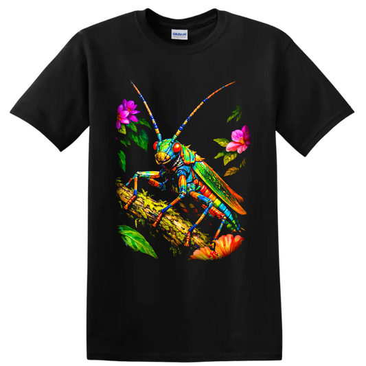 Colorful grasshopper on a mossy branch with flowers and leaves in vivid botanical art on a Black T Shirt