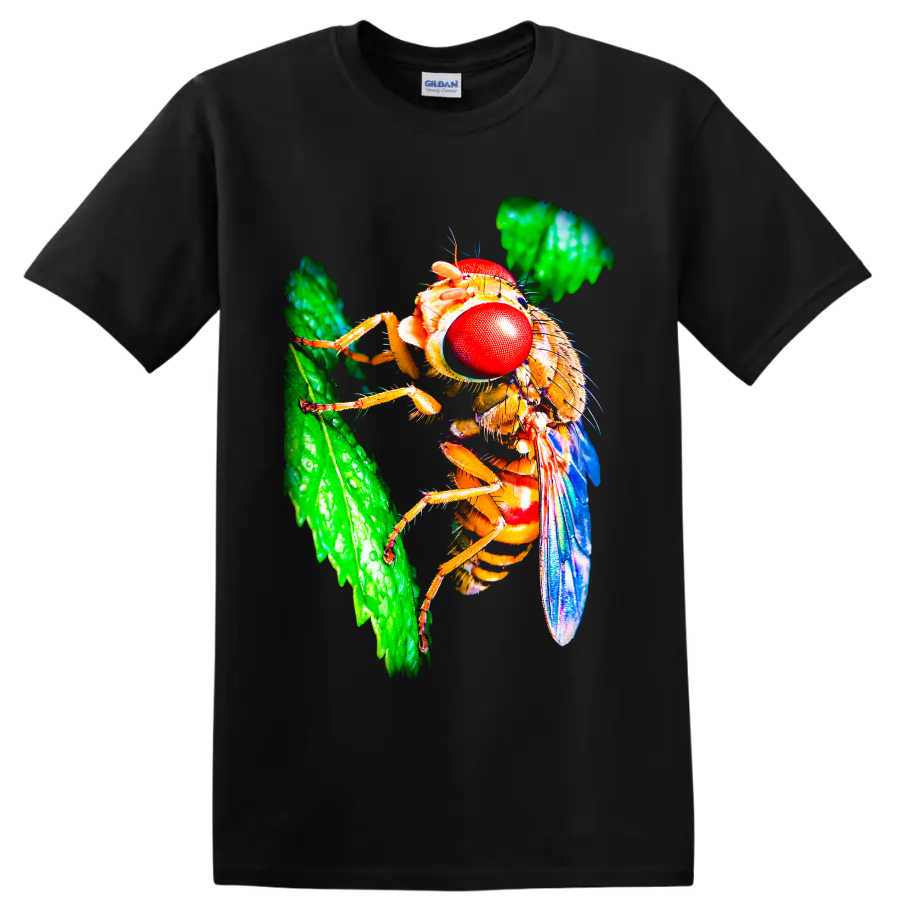 Macro fly with vivid red compound eyes, blue wings, and green leaf nature art on a Black T Shirt