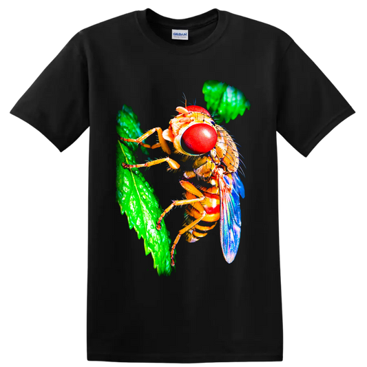 Macro fly with vivid red compound eyes, blue wings, and green leaf nature art on a Black T Shirt