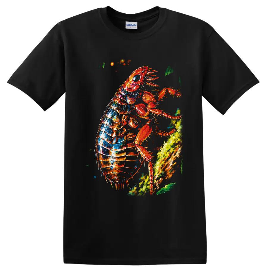 Colorful paint-splatter lobster climbing a bright ocean reef on a Black T Shirt