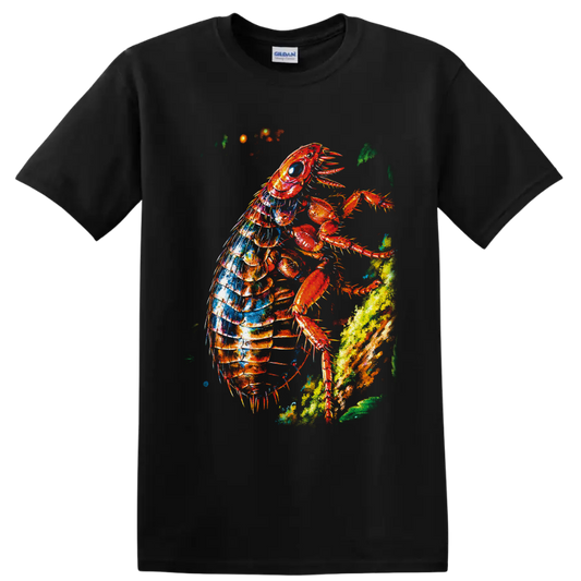 Colorful paint-splatter lobster climbing a bright ocean reef on a Black T Shirt