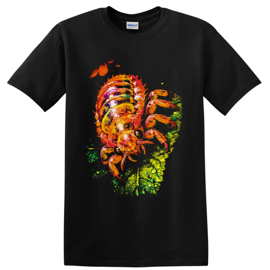 Colorful orange spiny insect on a dew-covered green leaf in vivid macro nature art on a Black T Shirt
