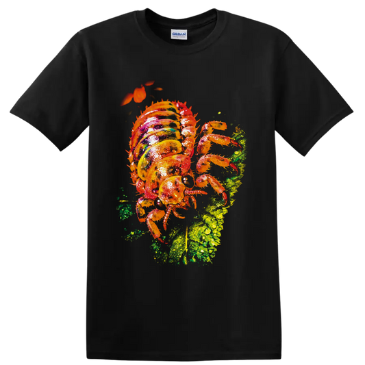 Colorful orange spiny insect on a dew-covered green leaf in vivid macro nature art on a Black T Shirt