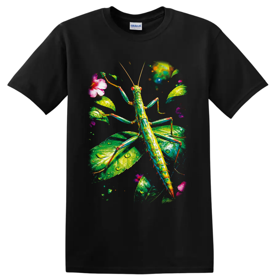 Colorful stick insect in luminous rainforest leaves with pink tropical flowers on a Black T Shirt