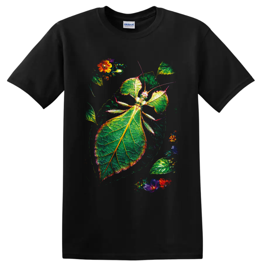 Leaf insect botanical illustration with veined green foliage and colorful flowers on a Black T Shirt