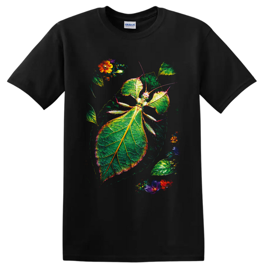 Leaf insect botanical illustration with veined green foliage and colorful flowers on a Black T Shirt