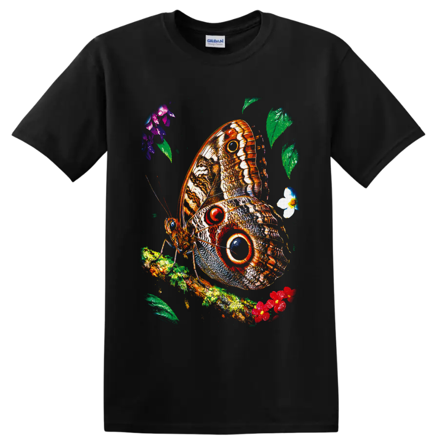 Colorful owl butterfly with bold eyespots on a leafy flowering branch on a Black T Shirt