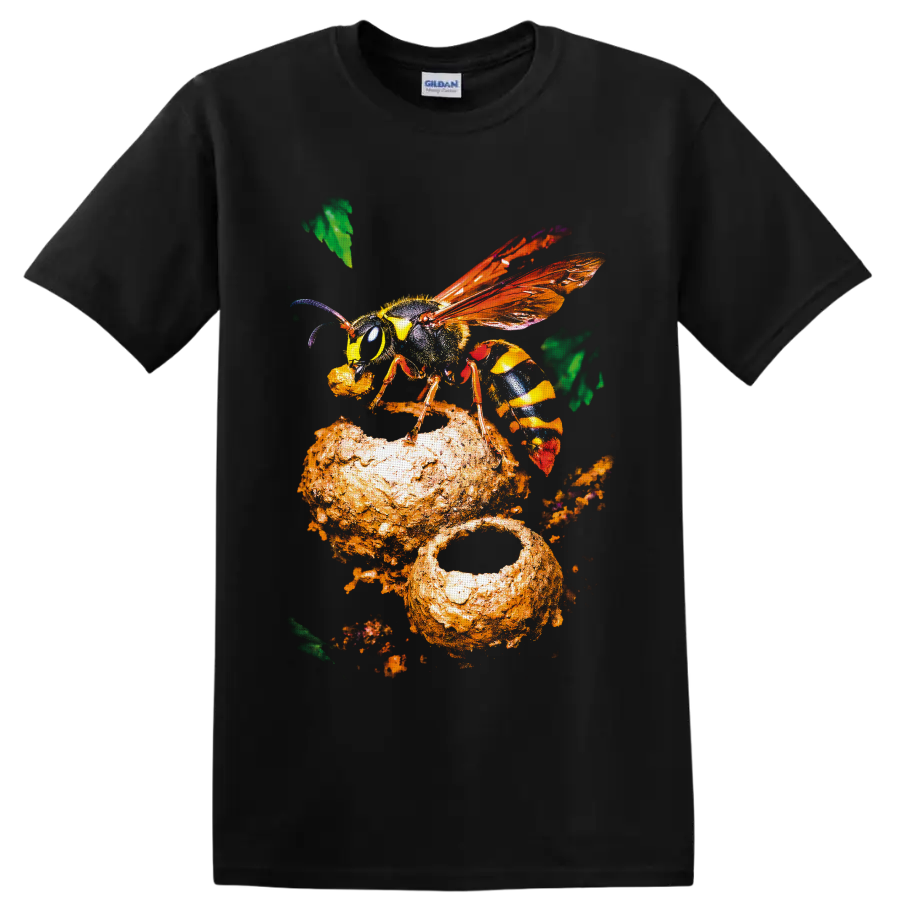 Colorful close-up wasp with orange wings on textured honeycomb-inspired nature art on a Black T Shirt