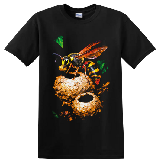 Colorful close-up wasp with orange wings on textured honeycomb-inspired nature art on a Black T Shirt