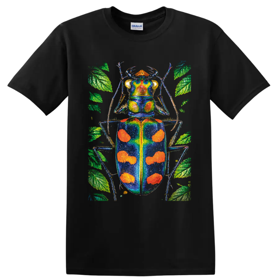 Vibrant blue and orange beetle illustration surrounded by green botanical leaves on a Black T Shirt