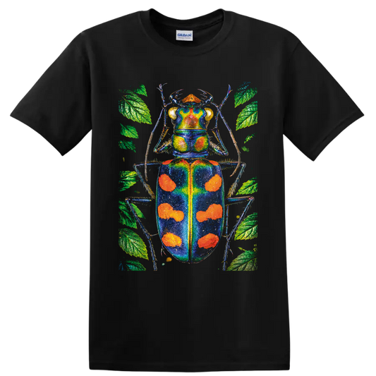 Vibrant blue and orange beetle illustration surrounded by green botanical leaves on a Black T Shirt