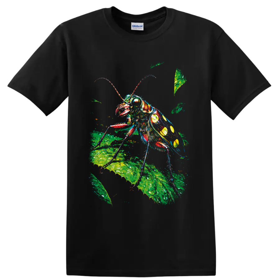 Colorful cockroach illustration on green botanical leaves in paint-splashed nature art on a Black T Shirt