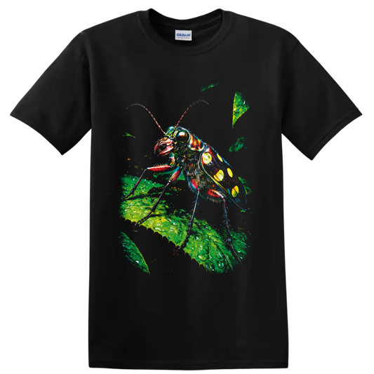 Colorful cockroach illustration on green botanical leaves in paint-splashed nature art on a Black T Shirt
