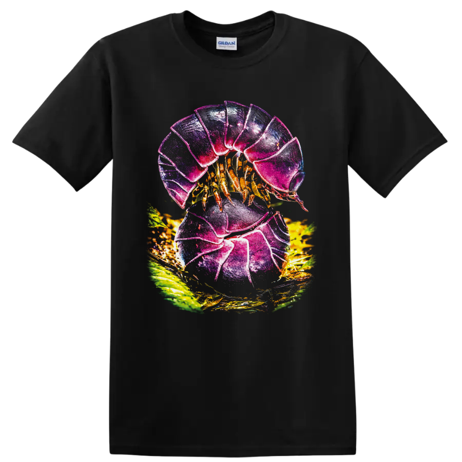 Colorful hermit crab with jewel-toned shell, golden legs, and tropical leaves on a Black T Shirt