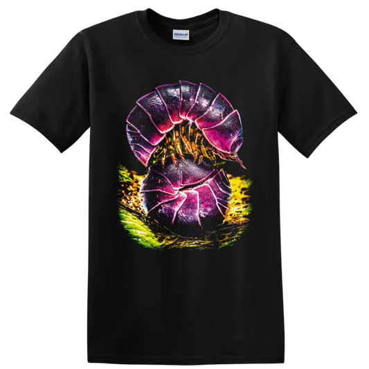 Colorful hermit crab with jewel-toned shell, golden legs, and tropical leaves on a Black T Shirt