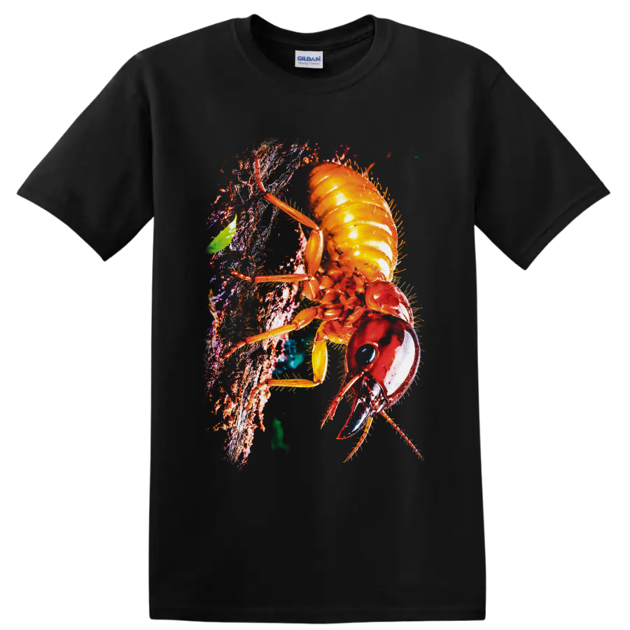 Colorful macro cockroach climbing textured bark in vivid nature art style on a Black T Shirt