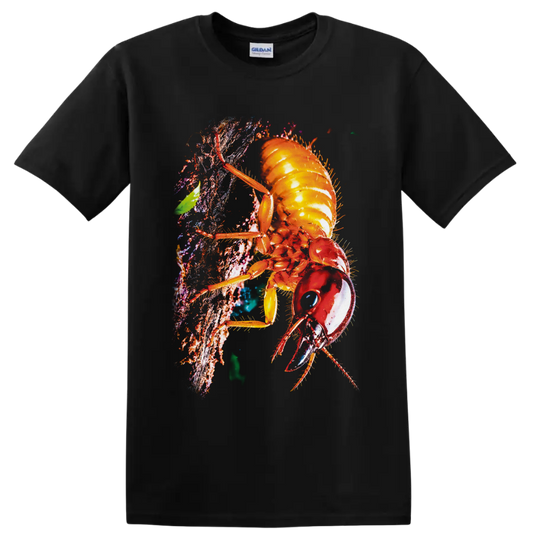 Colorful macro cockroach climbing textured bark in vivid nature art style on a Black T Shirt