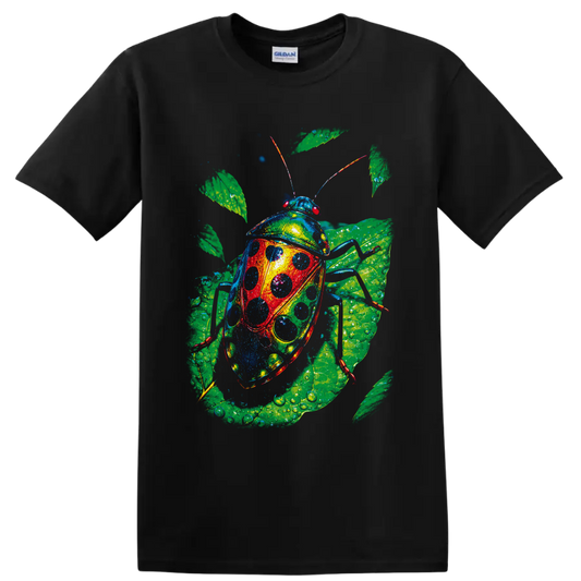Colorful spotted beetle nature art with dew-covered tropical leaves on a Black T Shirt