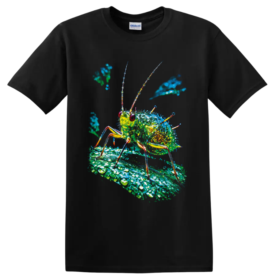 Colorful macro aphid illustration on a dew-covered leaf on a Black T Shirt
