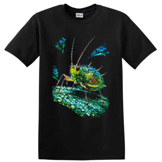 Colorful macro aphid illustration on a dew-covered leaf on a Black T Shirt