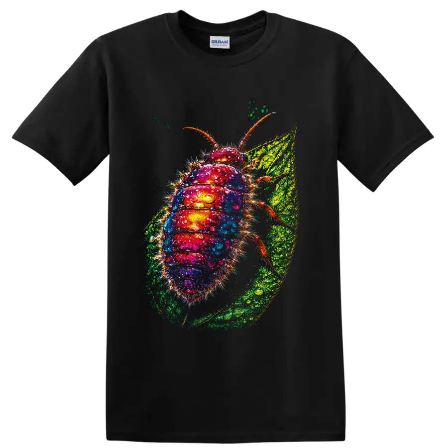 Colorful fuzzy caterpillar macro art with water droplets on a textured green leaf on a Black T Shirt