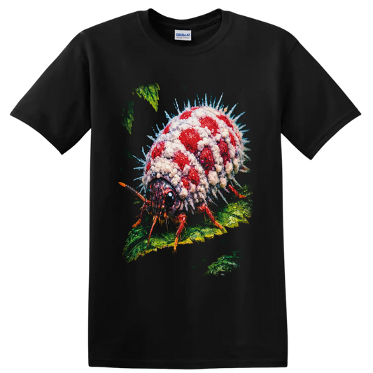 Surreal crystal-covered red ladybug with blue spines on textured green leaves on a Black T Shirt