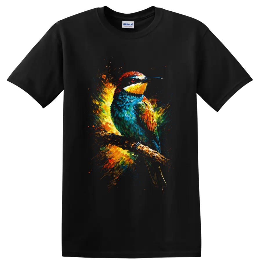 Colorful kingfisher perched on a branch in vibrant paint splash wildlife art on a Black T Shirt