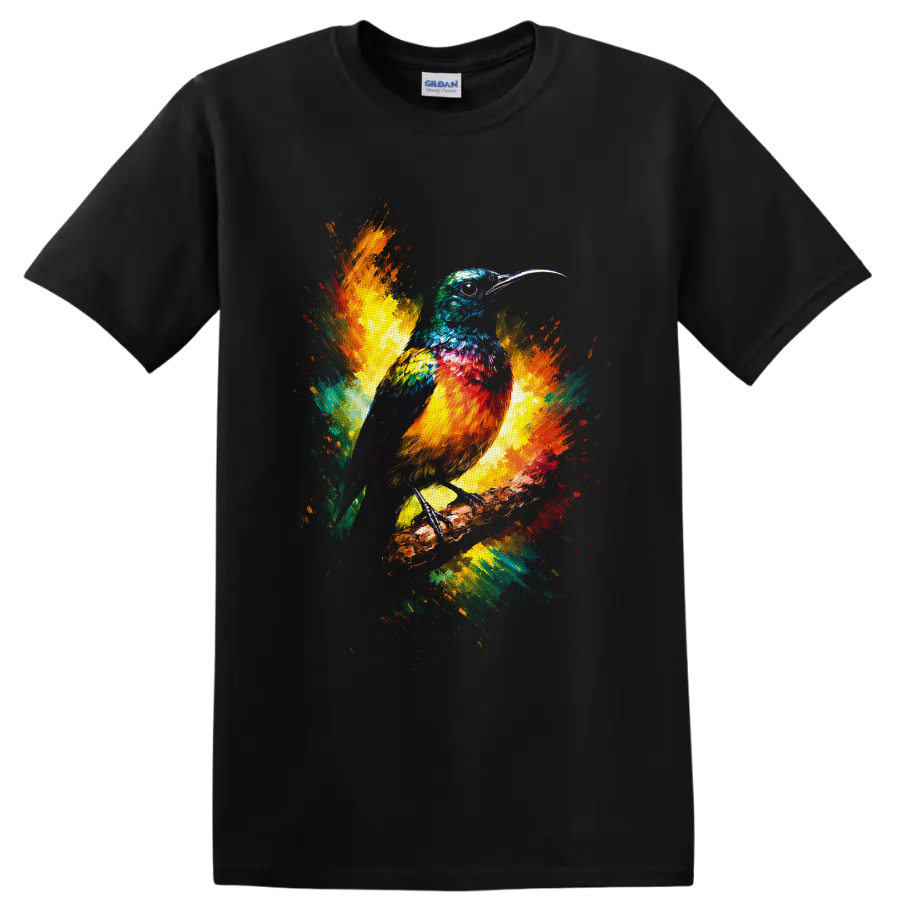Colorful long-beaked bird on a branch with vibrant watercolor paint splashes on a Black T Shirt
