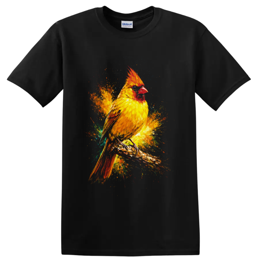 Cardinal bird on a branch in vivid multicolor paint splash wildlife art on a Black T Shirt