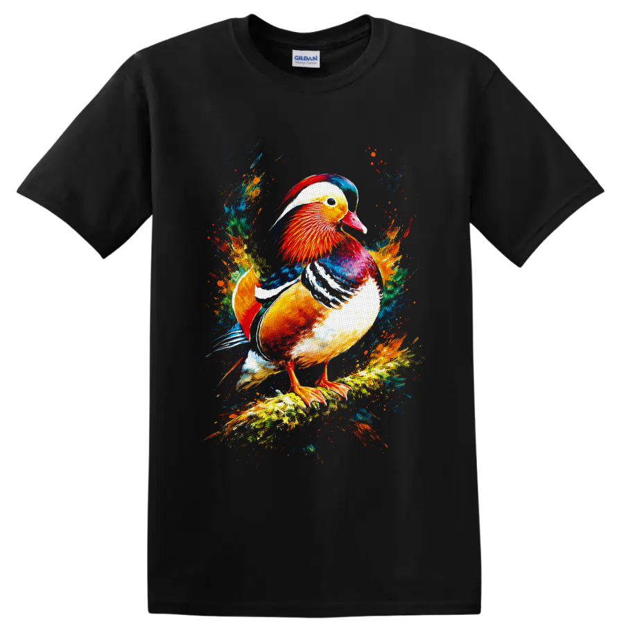 Mandarin duck in vivid painterly splash art on a branch on a Black T Shirt