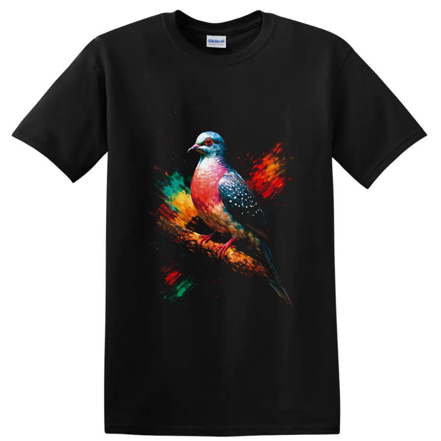 Colorful pigeon portrait on a branch with abstract paint splashes on a Black T Shirt