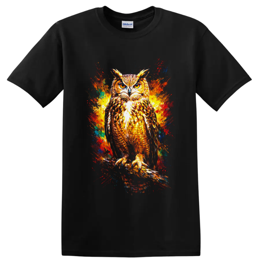 Golden-eyed owl illustration with colorful abstract paint splashes on a Black T Shirt