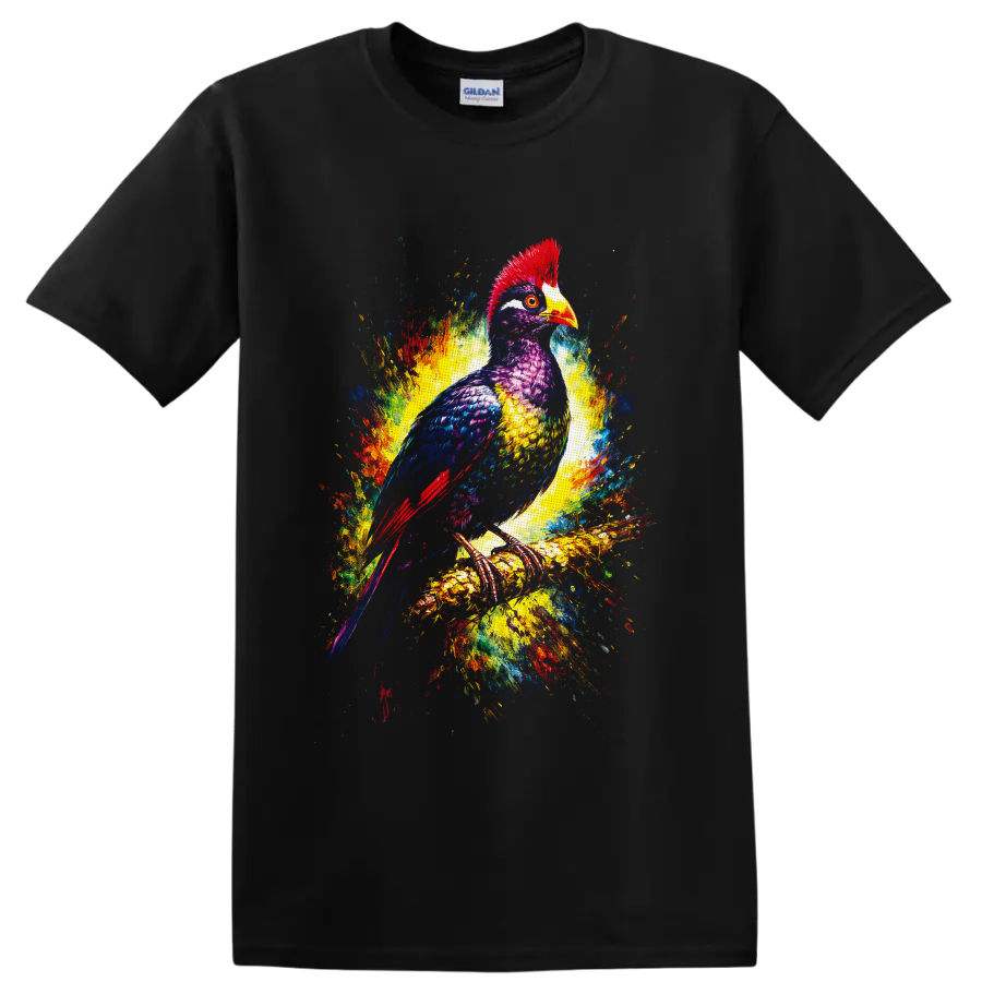 Colorful hornbill bird in vibrant painterly splashes perched on a branch on a Black T Shirt