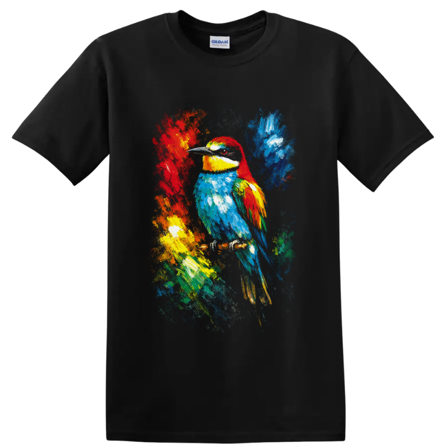 Colorful tropical bird portrait with abstract paint splashes and textured brushstrokes on a Black T Shirt