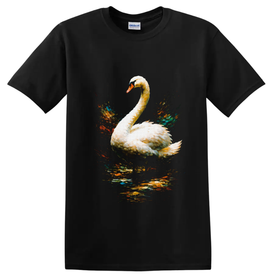 Mute swan with colorful watercolor splashes and reflective water on a Black T Shirt