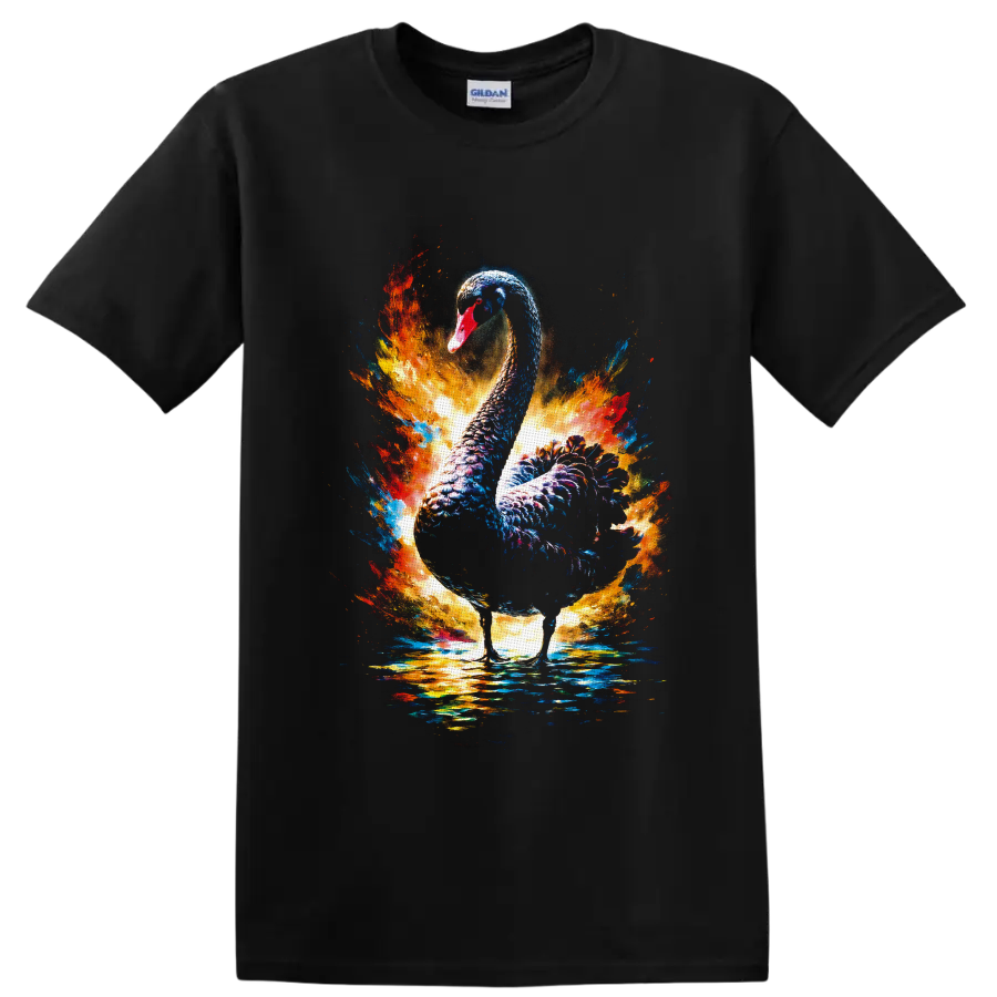 Black swan with vivid blue, orange, and gold paint splashes over reflective water on a Black T Shirt