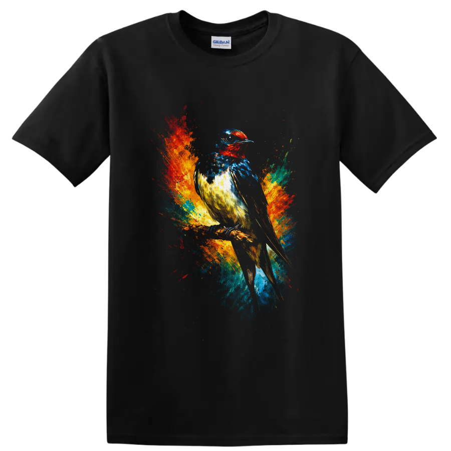 Colorful perched songbird in expressive paint splashes and textured brushstrokes on a Black T Shirt