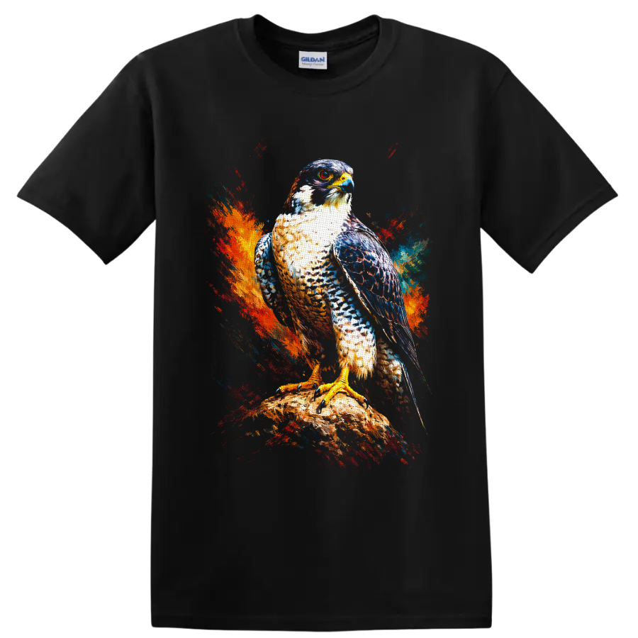Peregrine falcon perched on a rock with vivid abstract paint splashes on a Black T Shirt