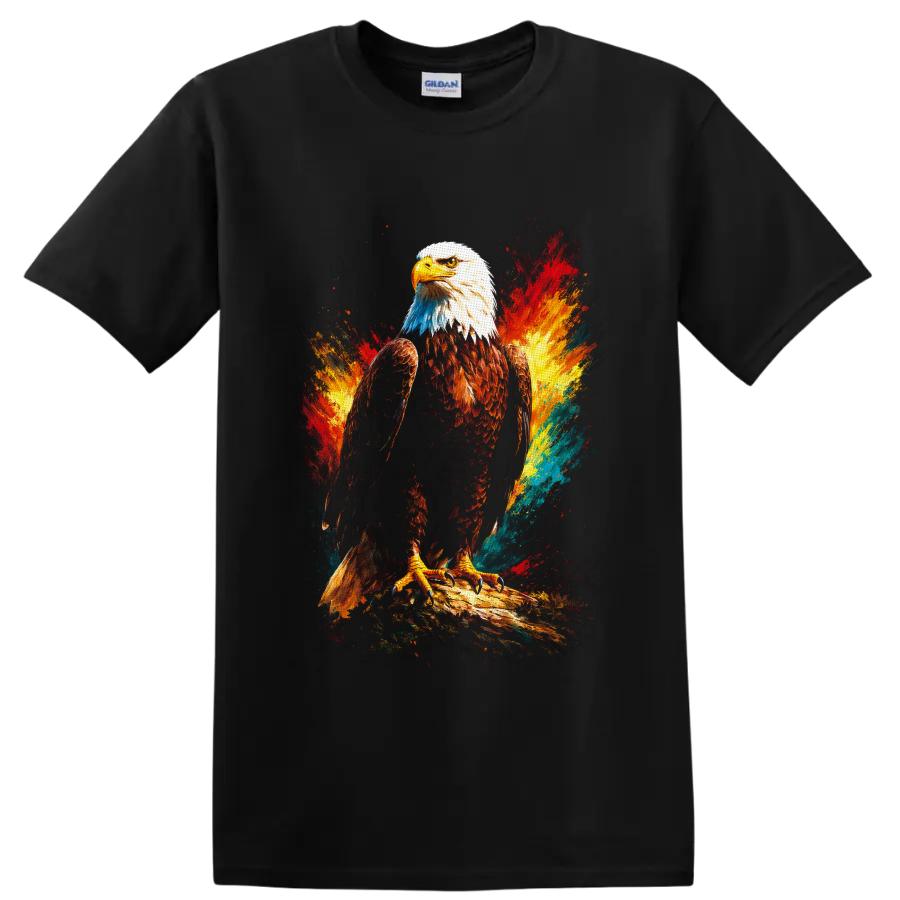 Painterly bald eagle on a branch with vivid red, gold, blue, and teal color splashes on a Black T Shirt