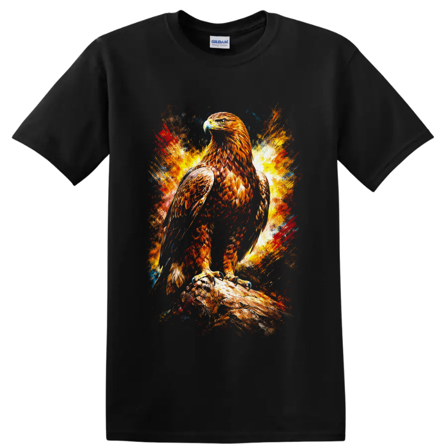 Fiery paint-splash bald eagle perched on a branch wildlife graphic on a Black T Shirt