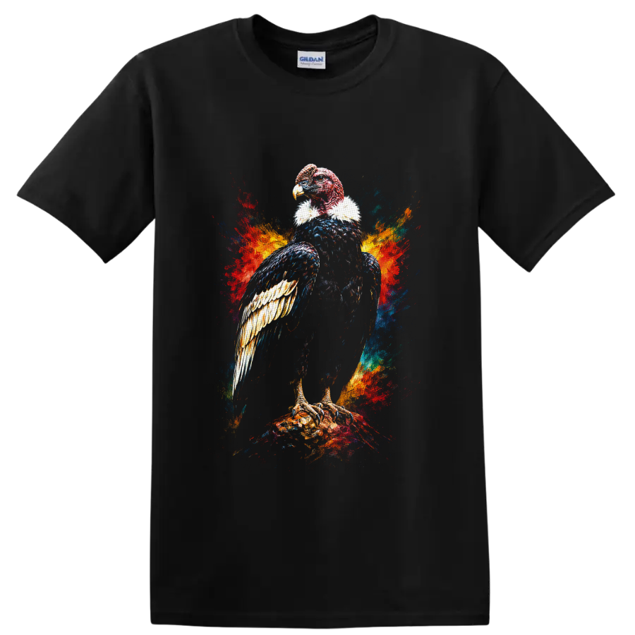 Colorful painterly vulture bird of prey perched amid vivid paint splashes on a Black T Shirt