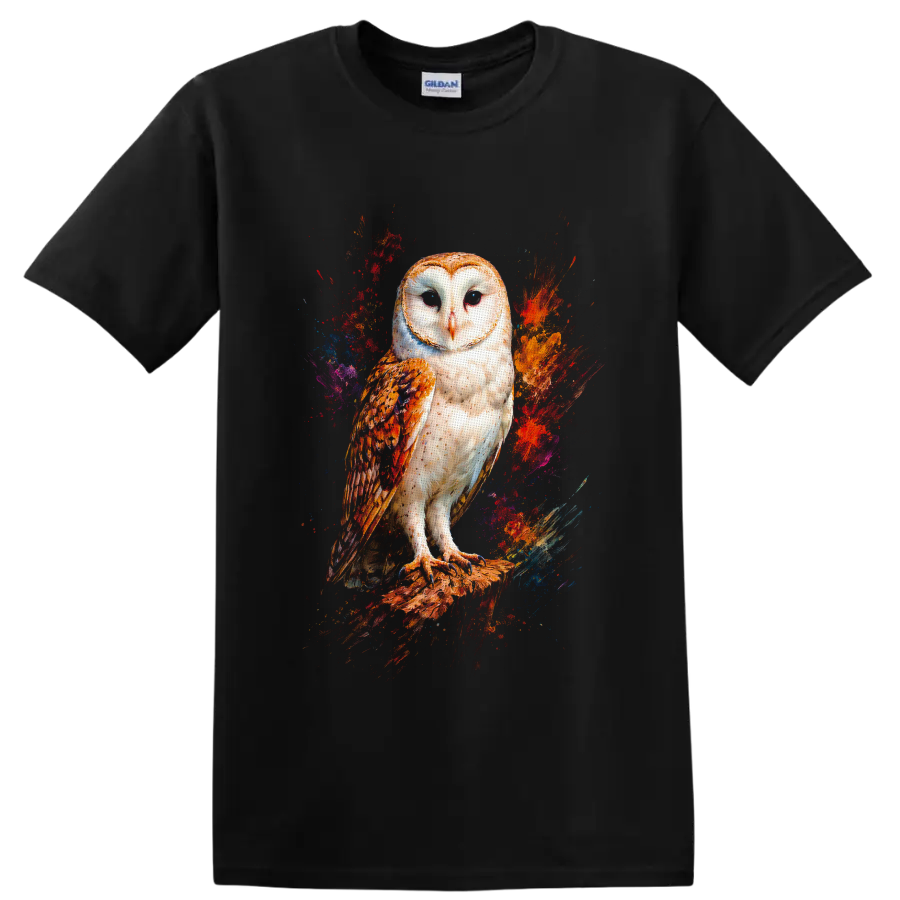 Barn owl perched on a branch with vivid abstract paint splashes on a Black T Shirt