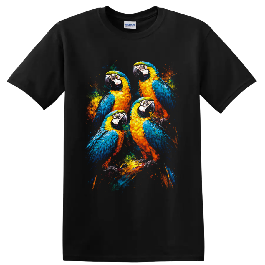 Four blue-and-yellow macaws in a vibrant paint-splash wildlife illustration on a Black T Shirt