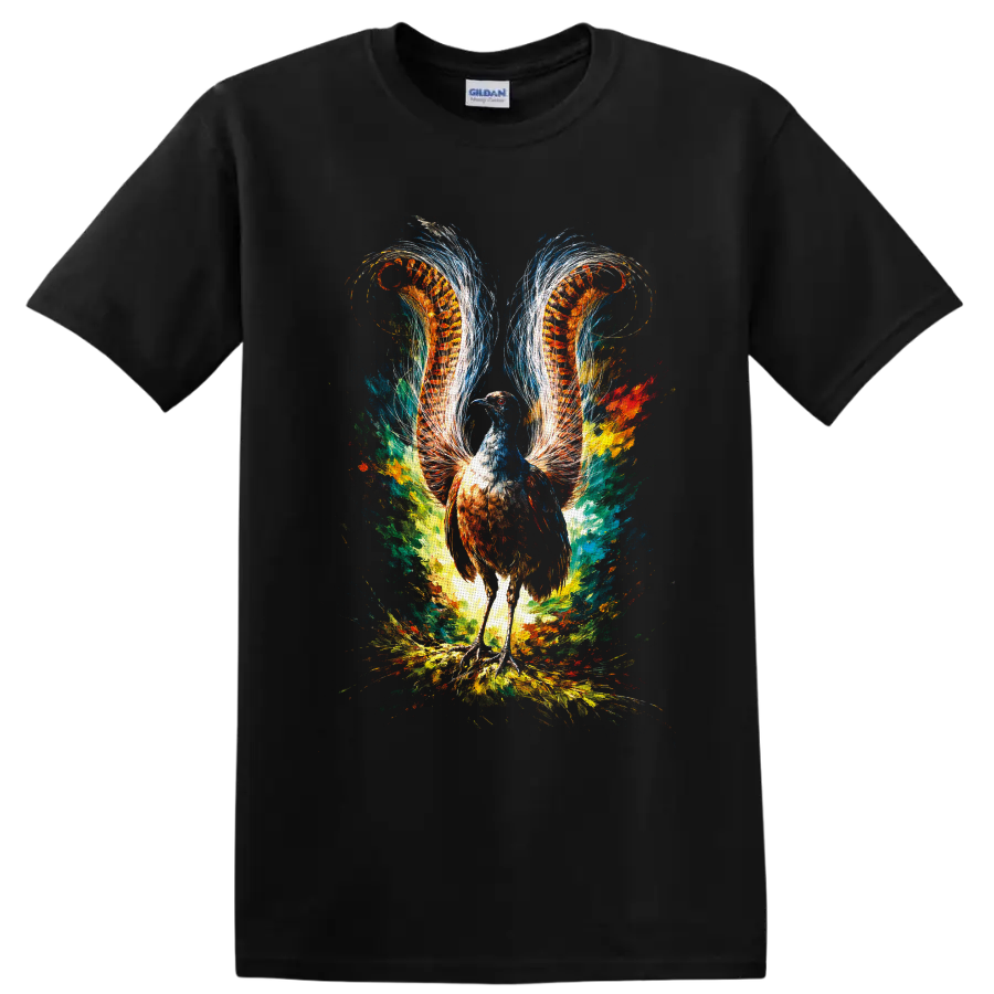 Colorful fantasy pheasant with fiery feather wings and abstract paint splashes on a Black T Shirt